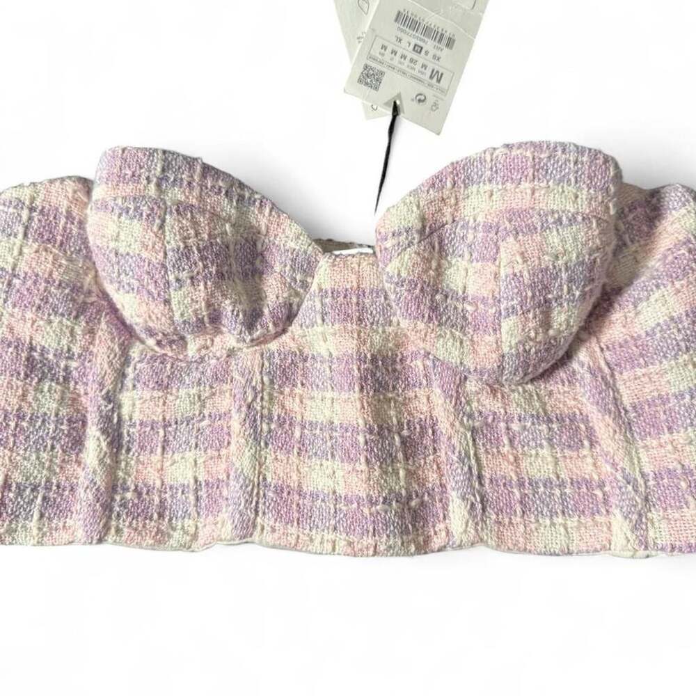 Zara Tweed Corset Top Size M Pink White Cropped Strapless